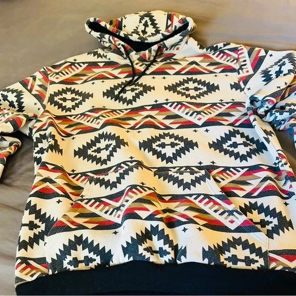 Men's Patterned Hoodie Sweater - Black, Red, Cream - Picture 2 of 9
